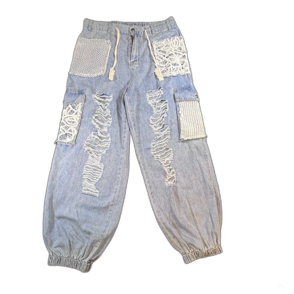 POL Boho Distressed Crochet Patchwork Denim Joggers Large